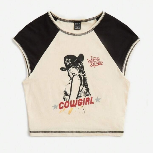 Shein Coolane Figure & Letter Graphic Raglan Sleeve Crop Tee - Picture 1 of 7